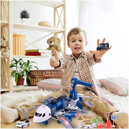 Interaktivní letadlo s autíčky, světly a zvuky DIY Airplane - modré