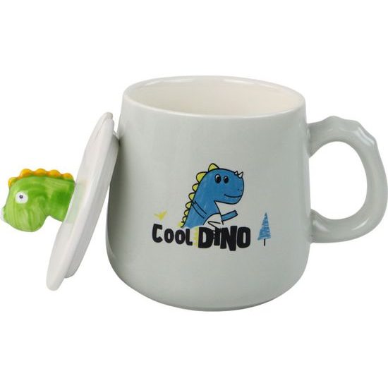 Keramický hrníček modrý dino s víkem a lžičkou 350ml