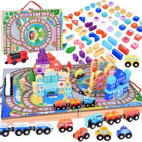 Dřevěná vláčkodráha MĚSTO + kufřík 89 ks