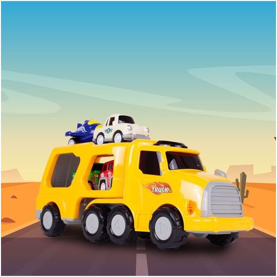 Nákladní auto se 3 autíčky, helikoptérou, světly a zvuky Transport Car žluté