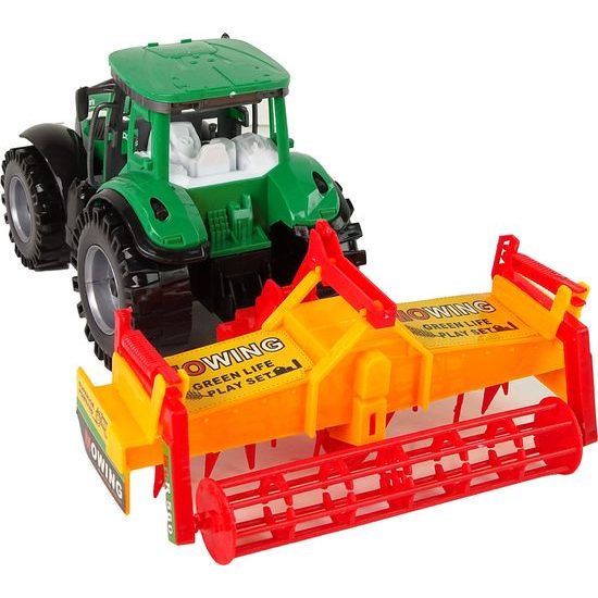Zelený traktor s oranžovým kultivátorem pro děti