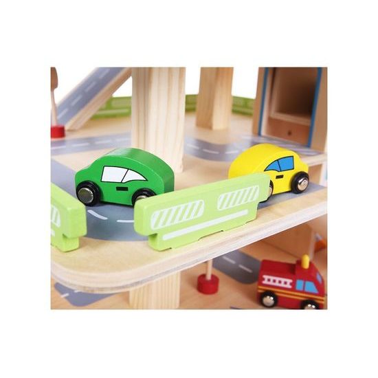 Ecotoys dřevěná patrová garáž s výtahem a autíčky