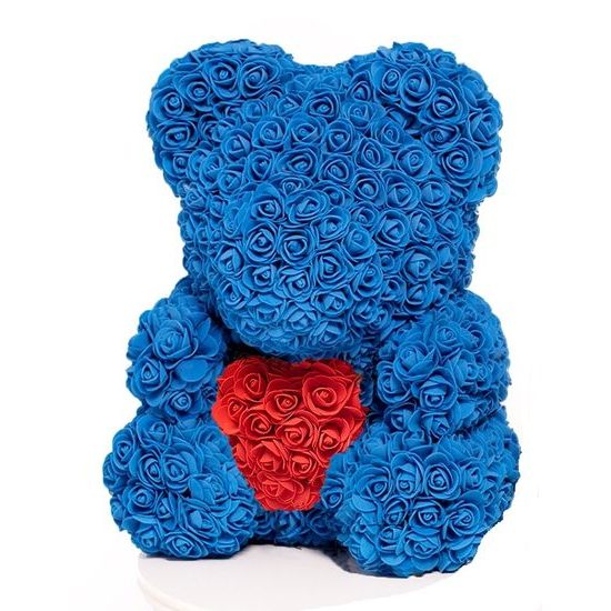 Medvídek z růží tmavě modrý s červeným srdcem Rose Bear 40 cm