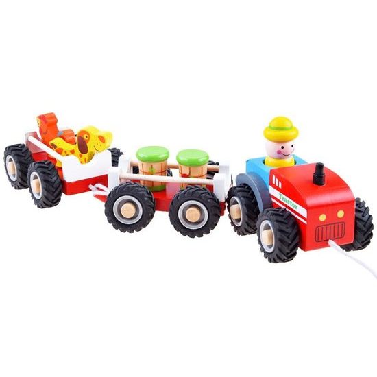 Dřevěný vláček s traktorem a šňůrkou Wooden Tractor