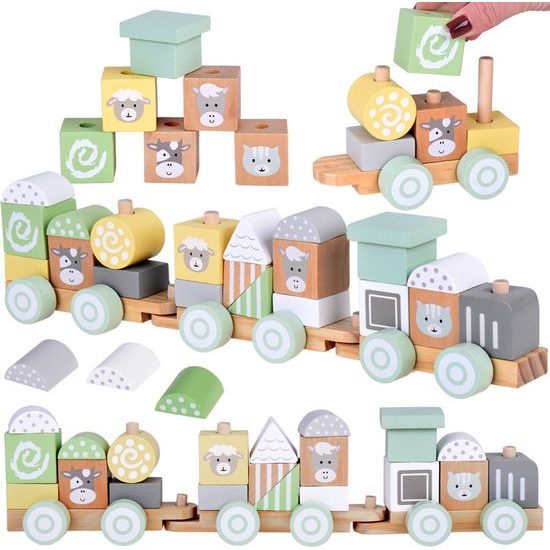 Dřevěná lokomotiva s vagóny a kostkami 22 dílků
