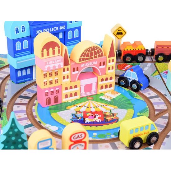 Dřevěná vláčkodráha MĚSTO + kufřík 89 ks