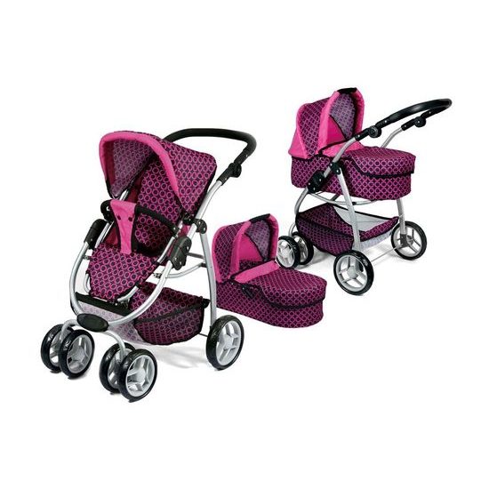 Doris velký sportovní kočárek pro panenky 3v1 - 9662 růžovo-černý vzor