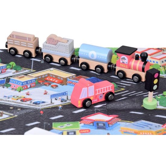 Sada dřevěných autíček hasiči, policie, taxi, sanitka, dopravní značky a podložka