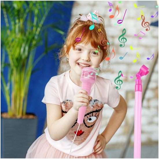 Dětská elektronická kytara se stativem a mikrofonem Guitar Micset - růžová