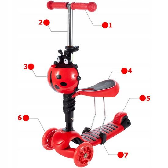 Dětská koloběžka Bedrunka čevená se sedátkem a svítícími koly