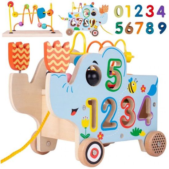 Dřevěný slon se šnůrkou, vkládačkou a labyrintem Elephant Trailer