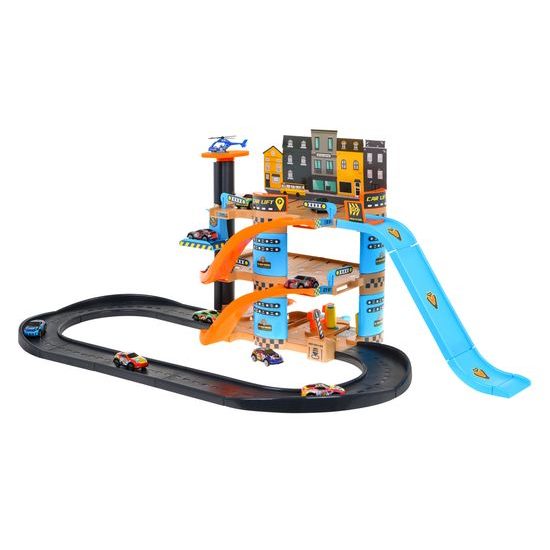 Parkovací garáž s výtahem, helikoptérou a 10 autíčky Slide Lot