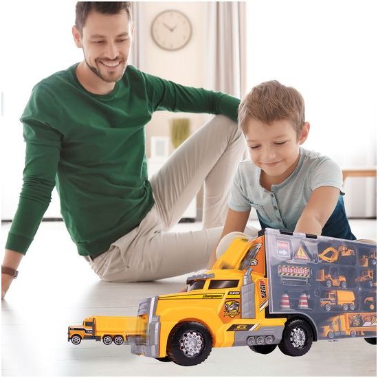 Nákladní auto se 6 stavebními stroji, kamiónem a skluzavkou Yellow Truck