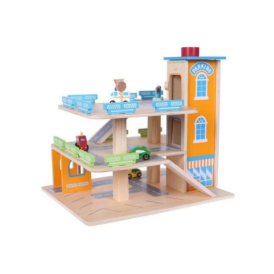 Ecotoys dřevěná patrová garáž s výtahem a autíčky