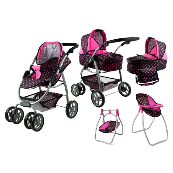 Alice kočárek pro panenky 9662 set 6v1 černý s jídelní židličkou