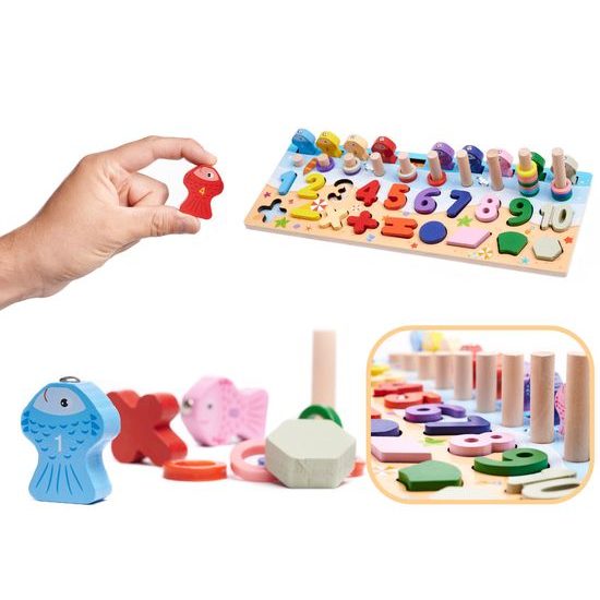Dřevěné rybičky a číslice na lovení na magnet 3v1 Wooden Alphabet