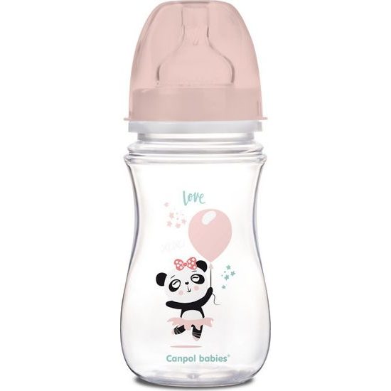 Canpol Babies Antikolik. lahvička se širokým hrdlem, Exotic Animals, 240 ml - růžová