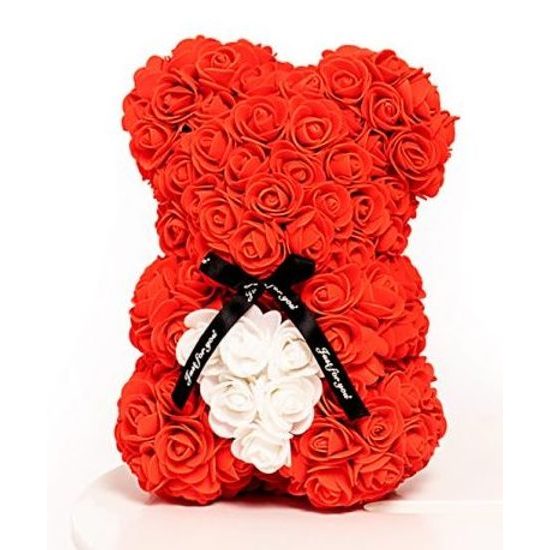 Medvídek z růží červený s bílým srdcem Rose Bear 25 cm