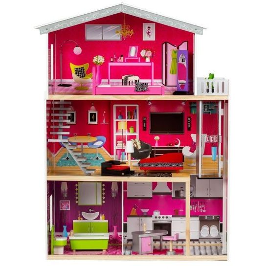 Ecotoys velký dřevěný domeček pro panenky Malibu s výtahem + panenka