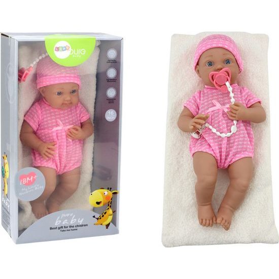 Panenka v růžovém oblečení, čepici, dudlíku a dece 48cm