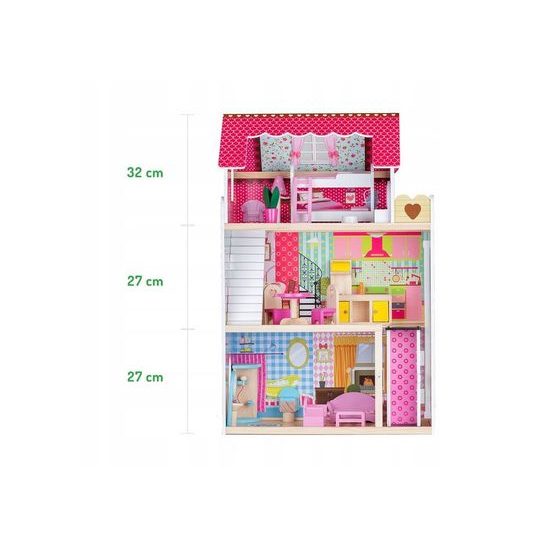 Ecotoys dřevěný domeček pro panenky Malinová s výtahem + 2 panenky