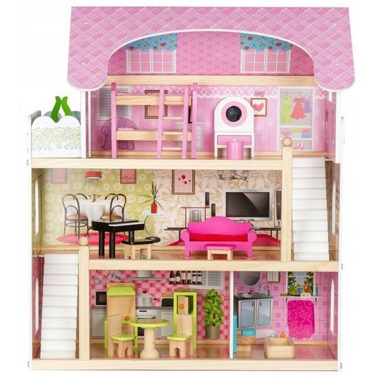 Ecotoys dřevěný dvoupatrový domeček pro panenky Pohádka + 4 panenky