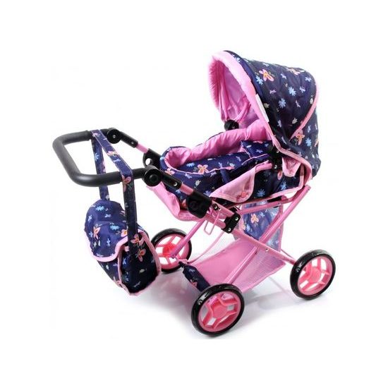 Doris kočárek pro panenky kombinovaný - 9346 tmavě modrý s motýlkama