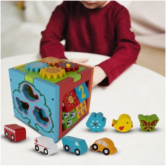 Dřevěná edukační kostka s autíčky 5v1