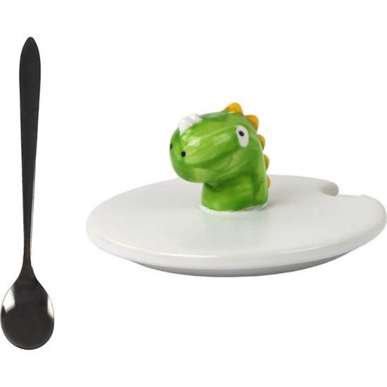 Keramický hrníček modrý dino s víkem a lžičkou 350ml