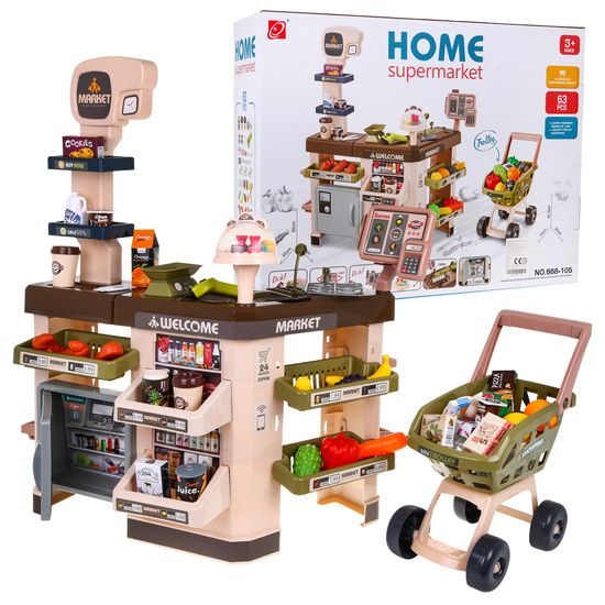 Dětský obchod Supermarket s nákupním vozíčkem - hnědý