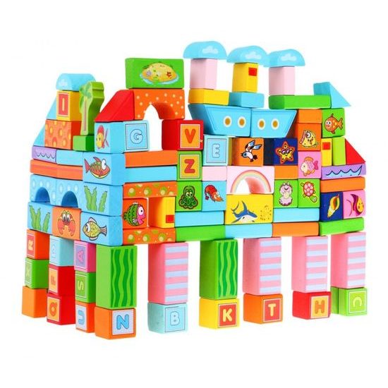 Majlo Toys sada dřevěných kostek se zvířátky 100 ks Ocean Blocks