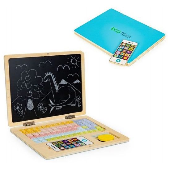 Ecotoys dřevěný notebook s magnetickým monitorem modrý