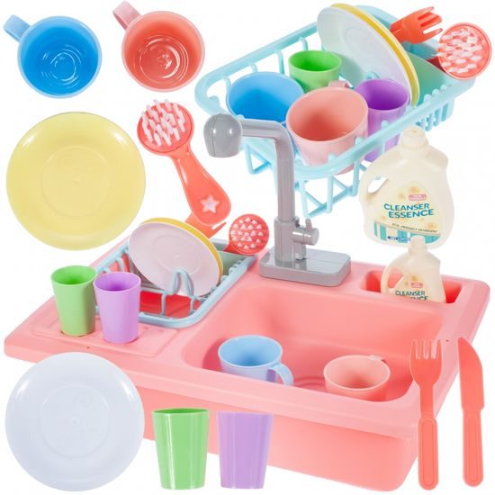 Dětský dřez s tekoucí vodou a nádobím Wash Up růžový