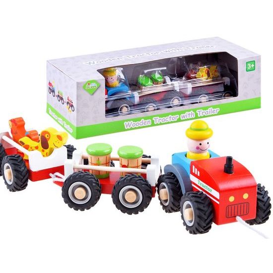 Dřevěný vláček s traktorem a šňůrkou Wooden Tractor