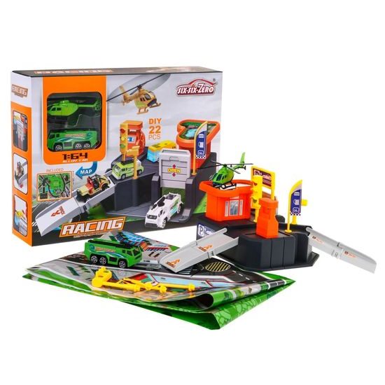 Parkovacia garáž s autíčkom, helikoptérou a hracou podložkou Racing Garage