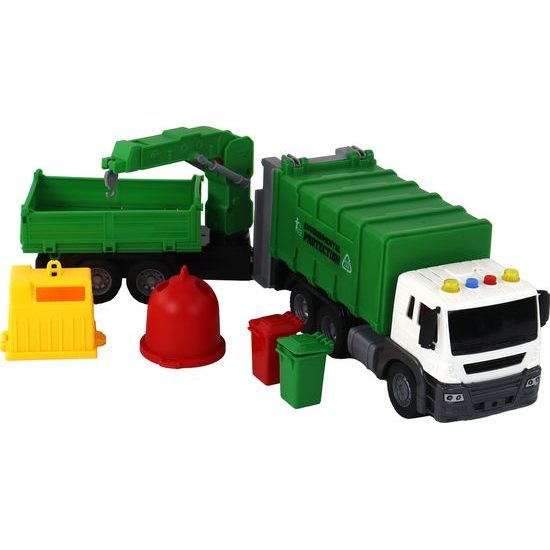 Popelářské auto s přívěsem a doplňky zelené