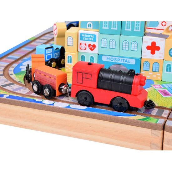 Dřevěná vláčkodráha MĚSTO + kufřík 89 ks