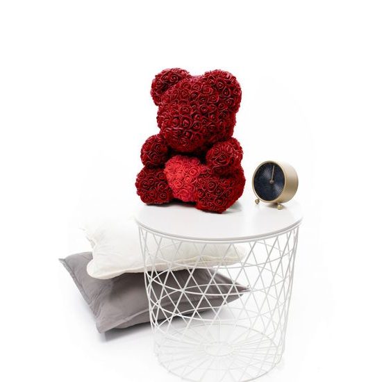 Medvídek z růží bordo s červeným srdcem Rose Bear 40 cm