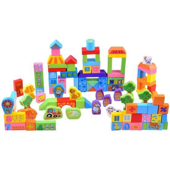 Sada dřevěných kostek se zvířátky 100 ks v kyblíku Farm Animal