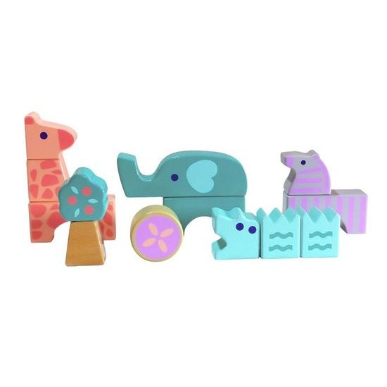 Ecotoys sada dřevěných kostek Zvířátka 13 ks