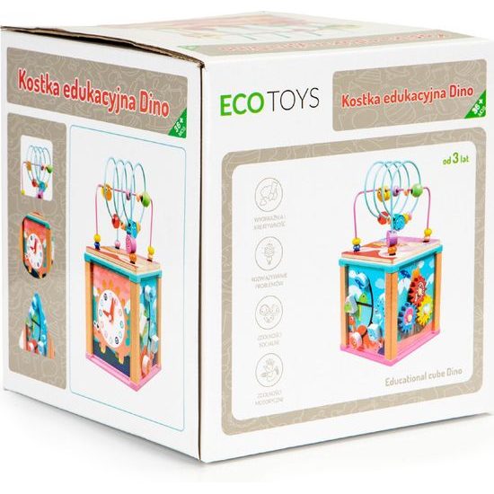 Ecotoys dřevěná edukační kostka s labyrintem Dino Cube 5v1