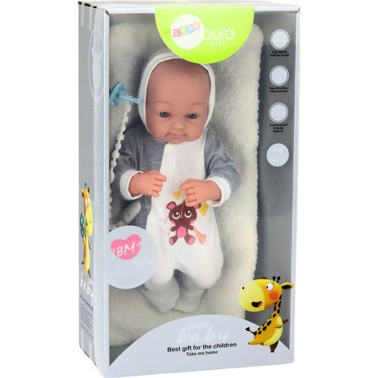 Panenka miminko v šedo-bílém body s dudlíkem a dekou