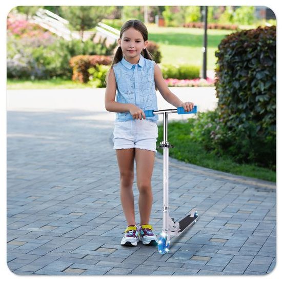 Dětská skládací koloběžka s hliníkovým rámem a svítícími koly - šedo/modrá