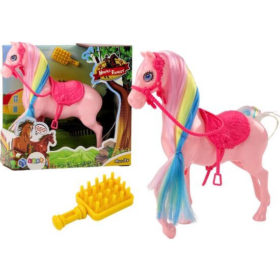 Koník s barevnou hřívou a růžovým sedlem