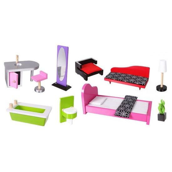 Ecotoys velký dřevěný domeček pro panenky Malibu s výtahem + panenka