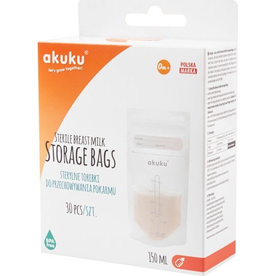 Sterilní sáčky pro skladování mléka a pokrmů Akuku 150ml 30ks, Transparentní