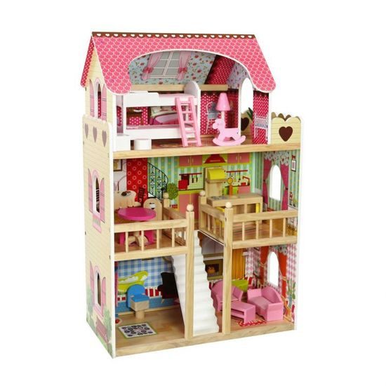 Ecotoys dřevěný dvoupatrový domeček pro panenky Malinová + 2 panenky