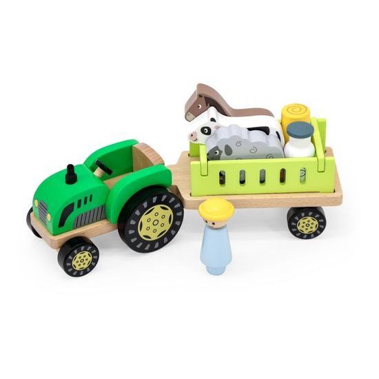 Viga Dřevěný traktor s přívěsem a zvířaty