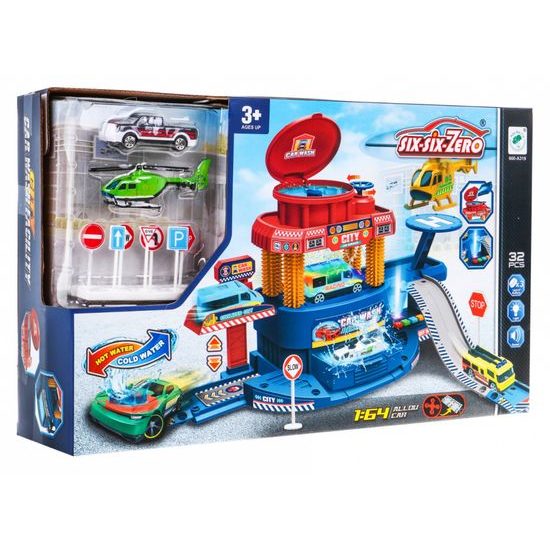 Automyčka se zvuky, světly, autíčkem a helikoptérou na baterie Car Wash