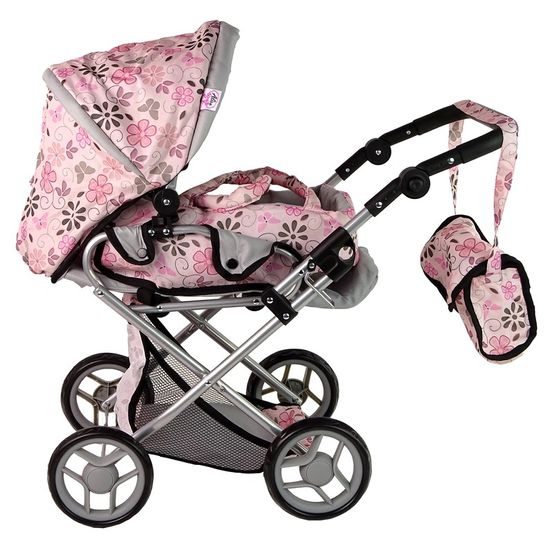 Alice kočárek pro panenky 9346 kombinovaný růžový s kytičkami